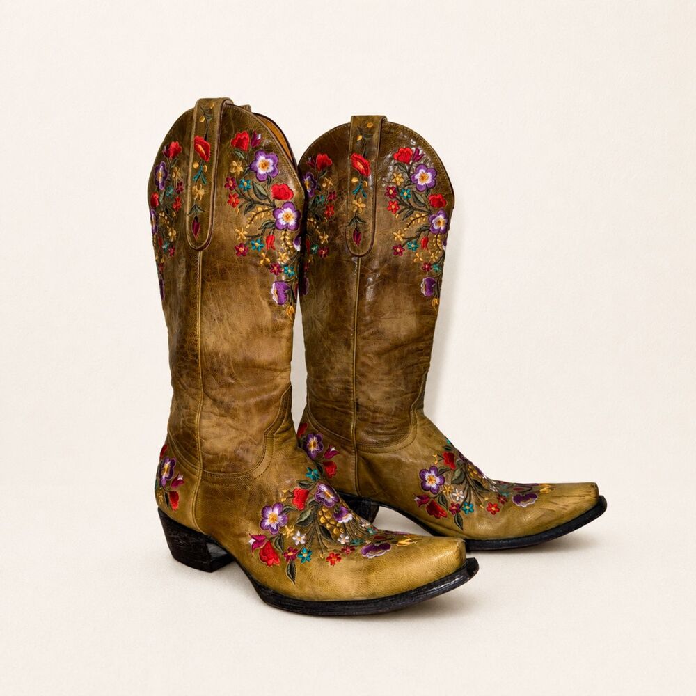 Old Gringo Sora 10" Brass Brown Floral Embroidered Leather Western Boots 7.5B